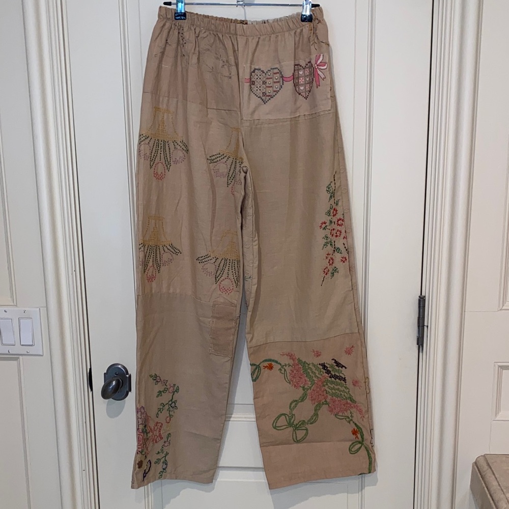 Embroidered Beige Boho Wide-Leg Pants